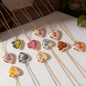 Custom Flower Locket heartshaped necklace, made with real pressed flowers, gift for Lovers, anniversary, birthday, wedding,christmas holiday