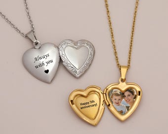 Personalized Heart Locket Necklace, Gold or Silver Stainless Steel with Photo, Memorial Jewelry, Gift for Mom, Birthday Gift for Her