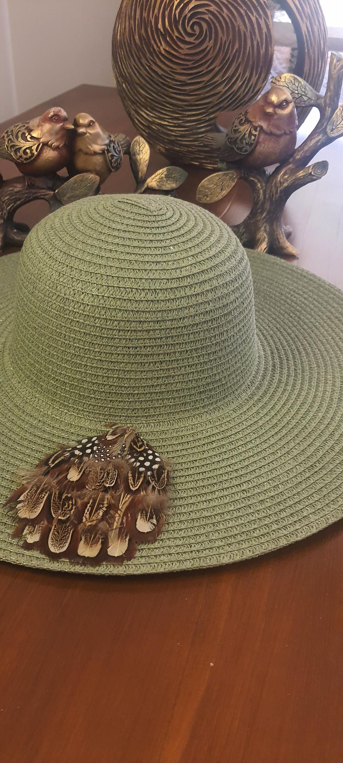 Olive Green Straw Wide Brim Hat – Genuine Feather Detail - Etsy display picture 1