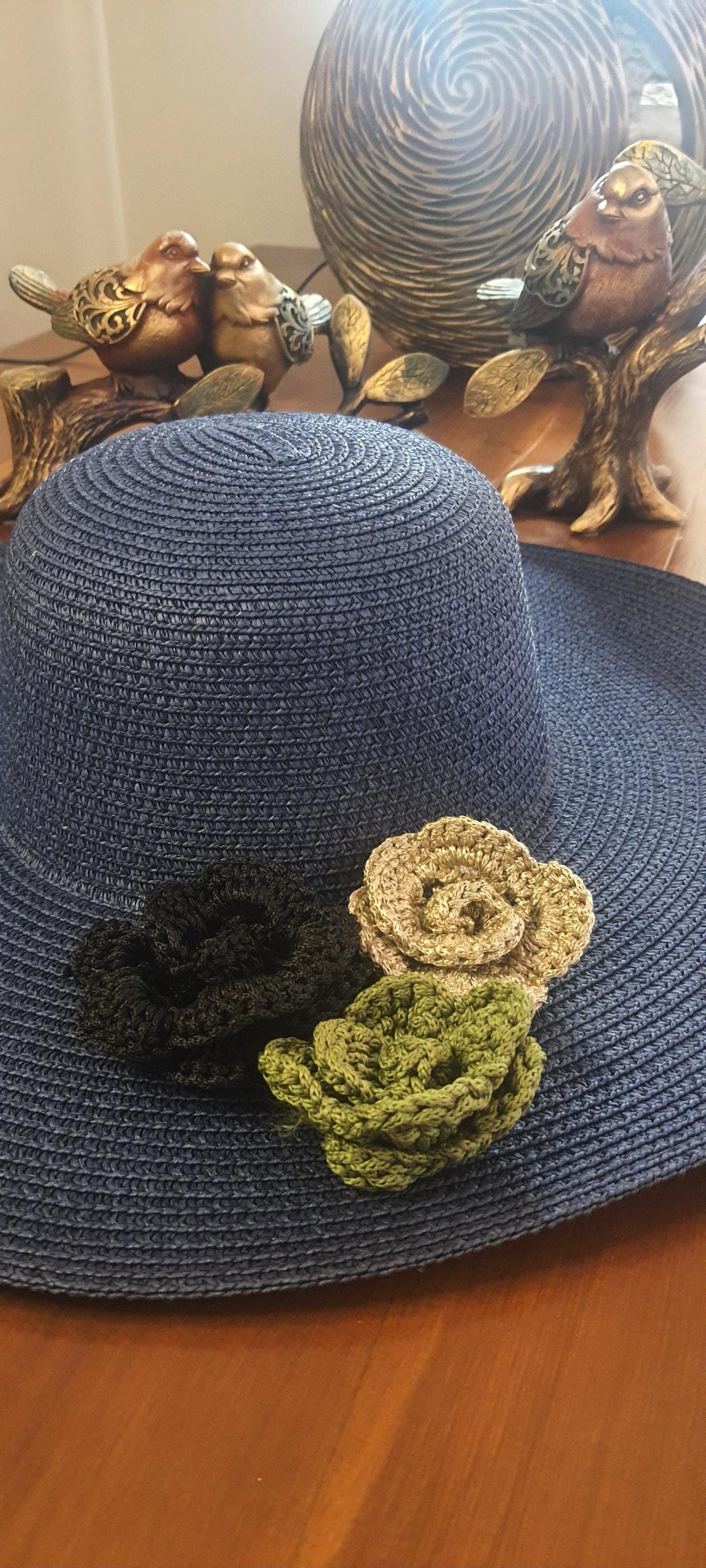 Blue Straw Wide Brim Sun Hat: Handwoven Flower Beach Hat - Etsy display picture 2