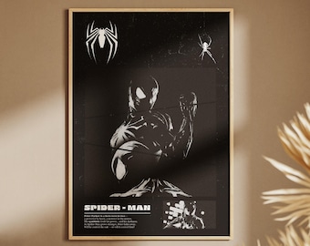 Affiche Spider-Man Noir – Art mural de super-héros sombre, style brutalisme, impression Peter Parker, téléchargement numérique d'araignée en costume noir