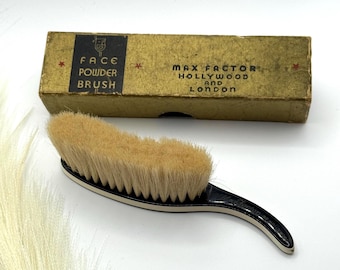 Original RARE BOXED 1930's Max Factor Hollywood Face Powder Brush Cream Mask Logo, Vintage Makeup Collectible 1932 collectable Joan Crawford
