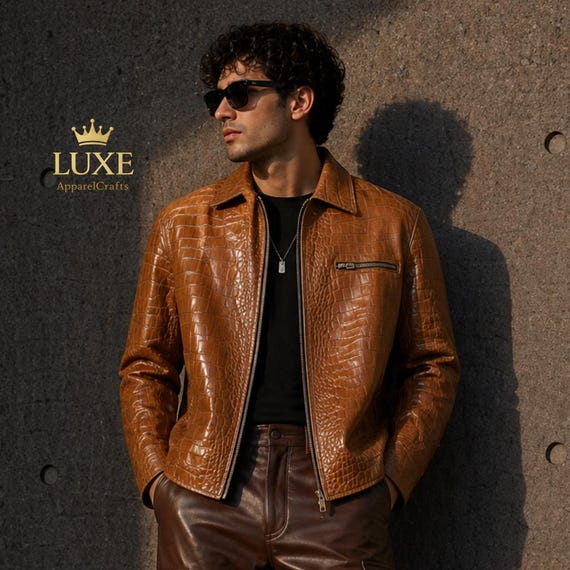 Men's Crocodile Embossed Leather Jacket | Handmade Vintage Style