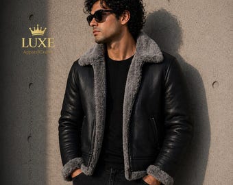 Men's Black Shearling Aviator Jacket: Genuine Leather Bomber, Handmade