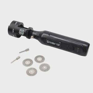 May include: A black Grinder 150 tool with a handle, a head with size markings, and a decorative knot design. The set includes several small silver drill bits and four small, circular cutting discs. The tool is designed for precision work.