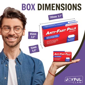 Puede incluir: Un hombre sonr&iacute;e mientras sostiene una caja y un paquete m&aacute;s peque&ntilde;o de "Anti-Fart Pills". Las dimensiones de la caja son 130 mm x 85 mm x 15 mm. La caja es roja y blanca con el texto "Anti-Fart Pills" y "Extra Strength".