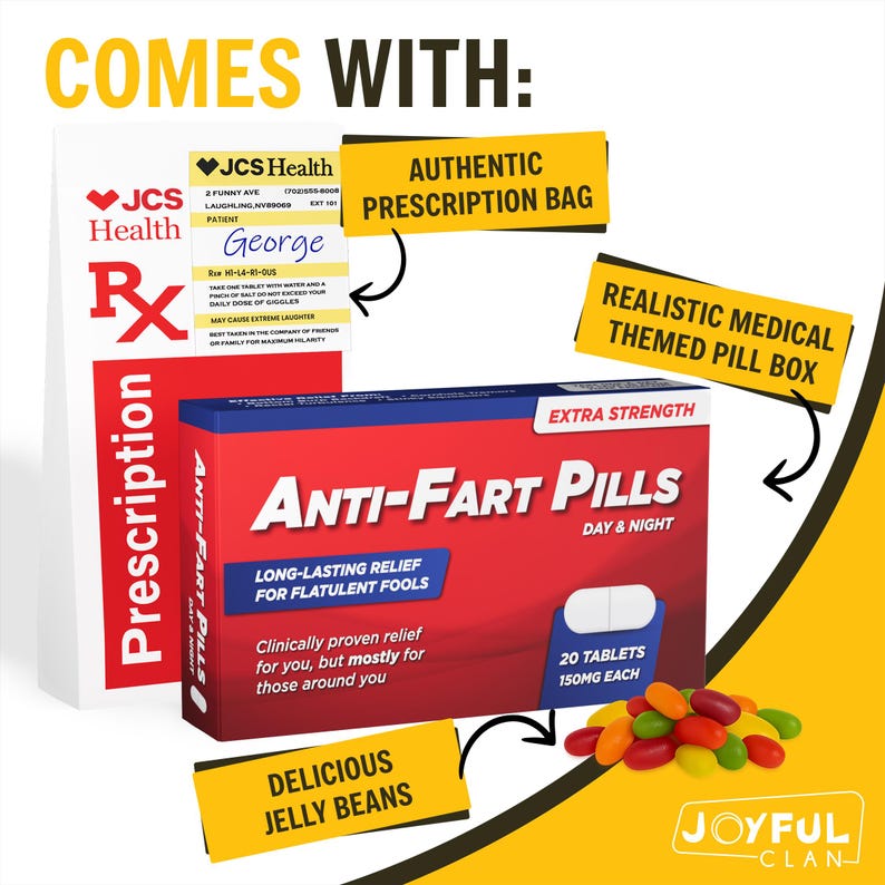 Puede incluir: Un paquete de producto humor&iacute;stico con "Pastillas Anti-Flato" en una caja roja y azul, con una receta, gominolas y una bolsa de receta. La caja indica "Alivio duradero para tontos flatulentos".