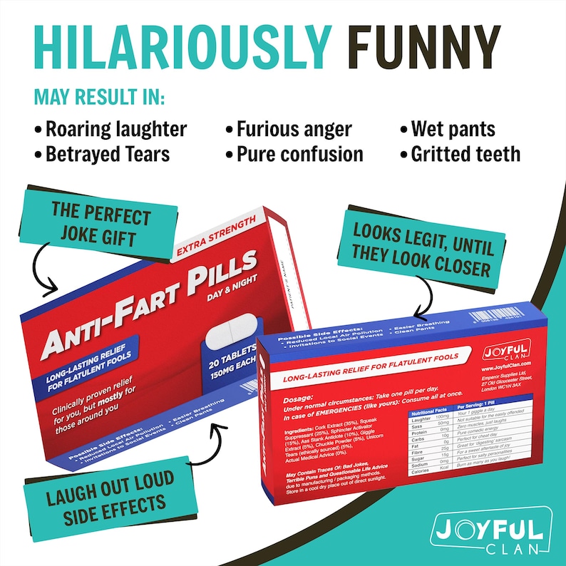 Puede incluir: Imagen humor&iacute;stica de dos cajas de "Pastillas Anti-Flato" en envases rojos y azules. El texto dice "Extra Fuerte" y "Alivio Duradero para Tontos Flatulentos". La imagen tambi&eacute;n incluye texto sobre posibles efectos secundarios.