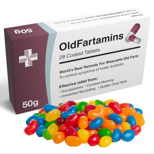 May include: A rectangular white and dark purple box labeled OldFartamins 28 Coated Tablets 50g with a graphic of two capsules. The box text lists relief from grumpybones, constant moaning, and unsolicited storytelling. A pile of colorful jelly beans.