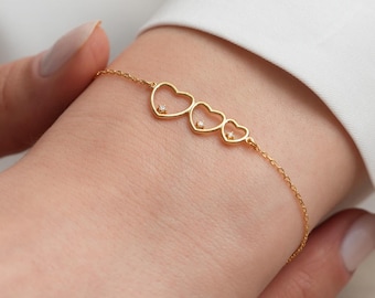 Diamond Heart Bracelet in Solid 10k/14k Gold - Linked Hearts Design
