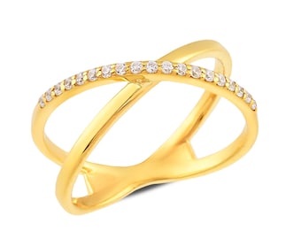 Gold Criss Cross Ring with Diamond – Dainty 10k or 14k X Band Stacking Ring