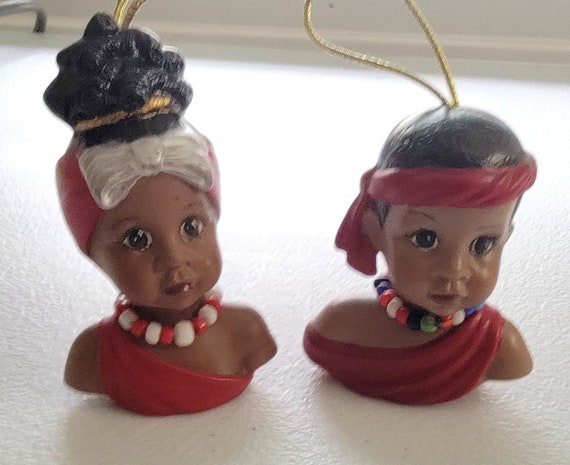 Girl and Boy African American Porcelain Ornaments -  3 inches Tall