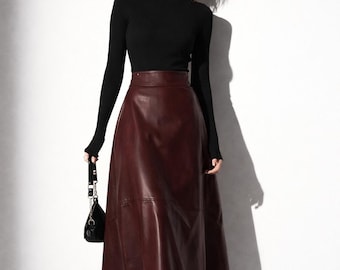 Gonna lunga a vita alta in similpelle, elegante modello a trapezio