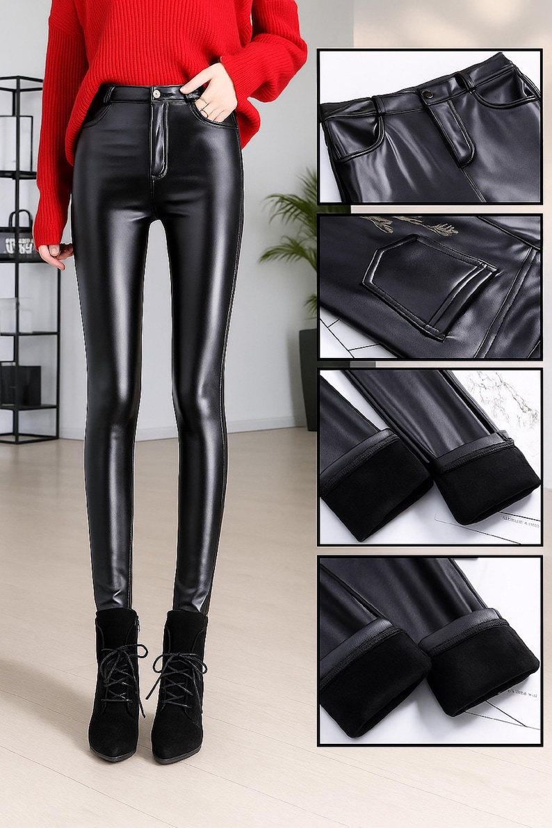 Puede incluir: Leggings negros de cuero sint&eacute;tico con cintura alta y cierre de cremallera. Los leggings tienen un corte ajustado y se muestran con botines negros. Detalles: bolsillos y forro suave.
