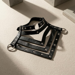 May include: A black leather harness with silver-toned metal rings and rivets. The harness features a collar, shoulder straps, and chest straps, all connected with metal rings. The design is symmetrical and angular, with a minimalist aesthetic.