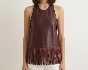 Faux Leather Fringe Halter Top, Sleeveless Boho Festival Blouse