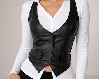 Women Leather Vest Top, Button Front Waistcoat, Slim Fit Sleeveless Top, Modern Layering Vest, Casual Fashion Top