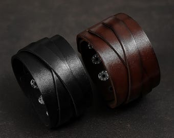 Handmade Leather Cuff Bracelet: Adjustable Wide Strap, Unisex