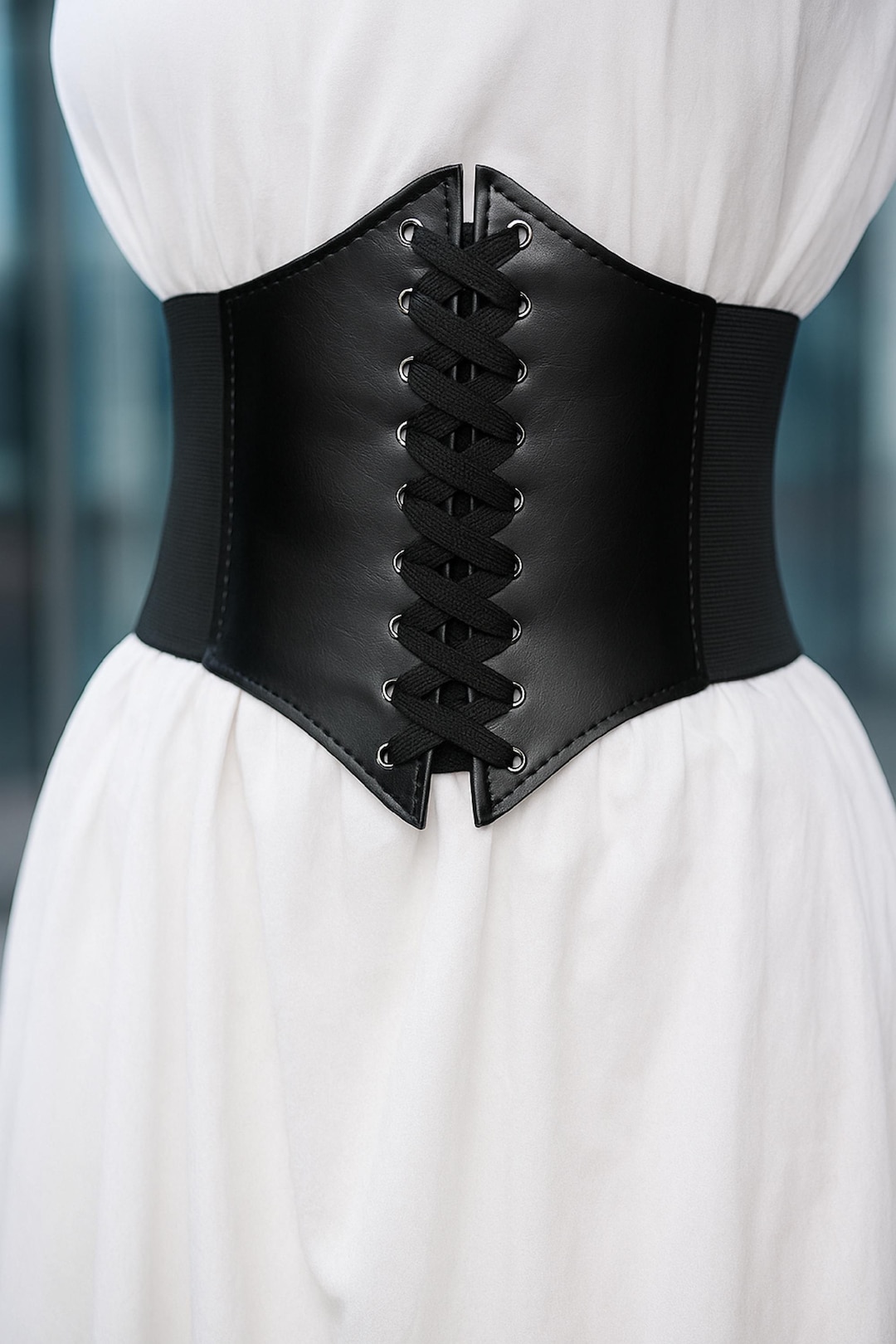 PU Leather Lace-up Cinch Belt Elastic Waist Corset Belt GRACE KARIN Wide Faux Leather Patchwork Belt Steampunk  main image 3