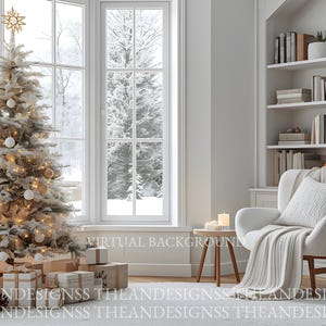May include: A cozy Christmas scene with a decorated tree, gifts, and a snowy window view. The tree is adorned with gold and white ornaments and a star topper. A white armchair with a throw blanket and pillow sits near a small table with candles.