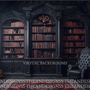 May include: A dark, gothic library interior with three large bookshelves filled with aged books. A black armchair sits near the shelves. A carved pumpkin and a rug with a red pattern are in the foreground. The text "VIRTUAL BACKGROUND" is visible.