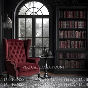 May include: A dramatic interior scene featuring a red velvet armchair, a black bookcase filled with books, and a large arched window. A black lamp and side table are also present. The words "VIRTUAL BACKGROUND" are visible.