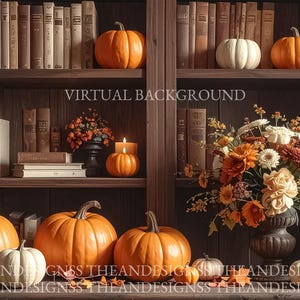 May include: A fall-themed virtual background featuring pumpkins, books, and flowers. The scene includes various sizes of orange and white pumpkins, a floral arrangement, and stacks of books on wooden shelves. The text "VIRTUAL BACKGROUND" is visible.