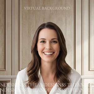 May include: A woman with long brown hair smiles in front of a virtual background. The background has a wooden panel design with the text "VIRTUAL BACKGROUND" at the top. The bottom of the image has the text "THEANDESIGNSS".