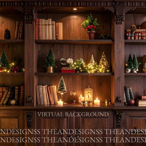 May include: A dark wood bookcase with Christmas decorations. The shelves are filled with books, small Christmas trees, candles, and string lights. The text "VIRTUAL BACKGROUND" is visible.