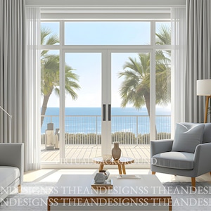 May include: A bright, airy living room with a view of the ocean. The room features a light gray sofa, armchair, and coffee table. A floor lamp and potted plant add warmth. Large windows offer a view of palm trees and the sea.