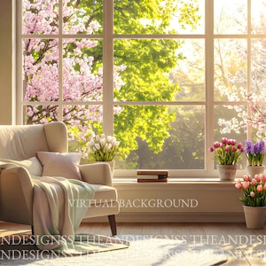 Könnte beinhalten: Gemütliche Innenansicht mit cremefarbenem Sessel, weicher Decke und Kissen. Ein großes Fenster bietet einen Blick auf blühende Bäume und üppiges Grün. Blumentöpfe und eine Stehlampe tragen zur einladenden Atmosphäre bei. Der Text "VIRTUAL BACKGROUND" ist sichtbar.