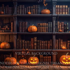 May include: A dark wooden bookshelf filled with antique books and pumpkins. Several carved jack-o'-lanterns are on the bottom shelf. The text "VIRTUAL BACKGROUND" and "THEANDESIGNSS" is visible.