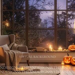 Puede incluir: Un fondo virtual que muestra una habitación acogedora con un sillón gris, una manta de punto y una ventana con telarañas. La escena incluye tres calabazas iluminadas, velas encendidas y una lámpara de pie. El texto dice VIRTUAL BACKGROUND.