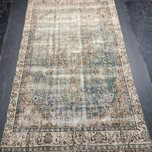 Grand tapis turc bleu ombré en laine ombré : tapis de salon anatolien délavé vintage (6 x 10 pi)