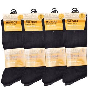 May include: Four pairs of black, non-elastic diabetic socks. Each pair has a label that reads "BIG FOOT Diabetic Socks 100% COTTON." The socks are designed for UK sizes 11-14 and EU sizes 45-49.