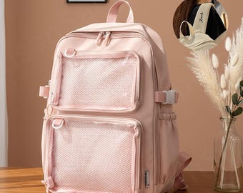 Ita Rucksack mit Sichtfenster, personalisierter Rucksack, süße Nylon Display Tasche für Pins, Kawaii Anime Rucksack für Schule oder Reisen