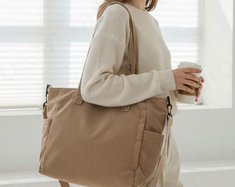 Large Corduroy Crossbody Tote Bag, Personalized Crossbody Bag, Retro School Bag, Casual Shoulder Bag for Travel, Large Tote Bag for Women