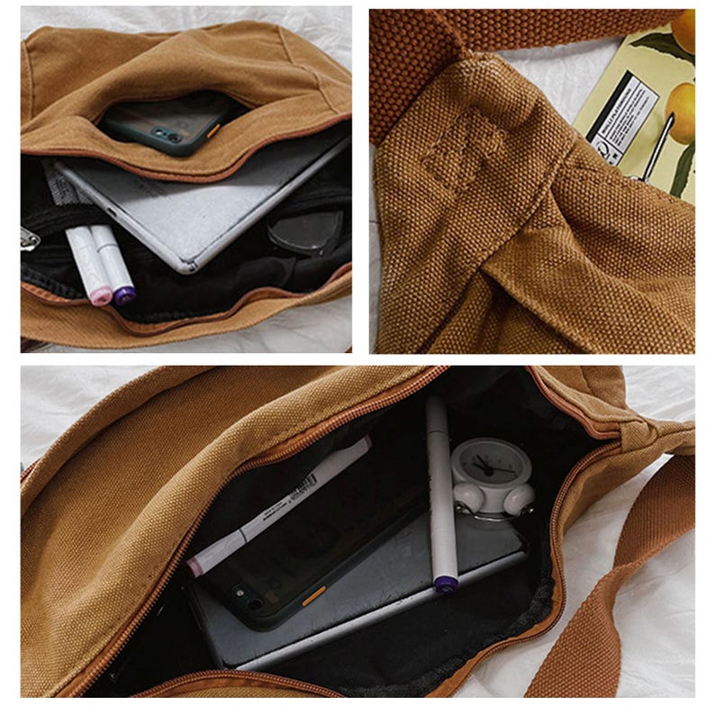 May include: A brown canvas messenger bag with a shoulder strap. The bag features multiple compartments, including a zipped main compartment and an external pocket. Inside, a tablet, phone, pens, and other items are visible. The bag is designed for carrying everyday essentials.
