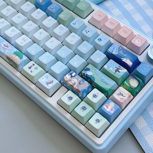 May include: A light blue mechanical keyboard with custom keycaps. The keycaps feature pastel colors and illustrations of anime characters. The keyboard has a white frame and the text "KEYBOARD // KRAFT" at the bottom.