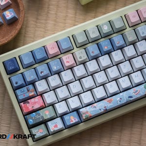 Puede incluir: Un teclado mecánico personalizado con una carcasa verde claro y teclas coloridas. Las teclas presentan una variedad de diseños, incluyendo ilustraciones y texto. El teclado es de tamaño completo. La marca "KEYBOARD KRAFT" es visible.
