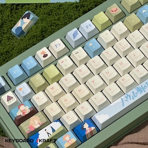 May include: A custom mechanical keyboard with a green frame and off-white keycaps. The keycaps feature various illustrations and Japanese characters. The keyboard includes blue, green, and off-white keycaps with unique designs.