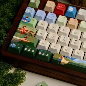 May include: A custom mechanical keyboard with keycaps featuring colorful illustrations. The keycaps have various designs, including cartoon characters and landscapes. The keyboard is set in a dark wood frame, with the text "KEYBOARD//KRAFT" visible at the bottom.