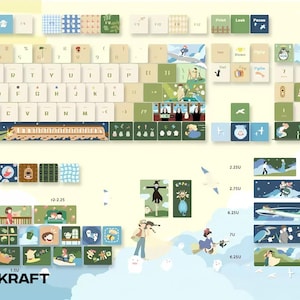 May include: A custom keyboard keycap set with a whimsical, illustrated design. The keycaps feature various scenes and characters in a palette of beige, green, and blue. The text "KEYBOARD // KRAFT" is visible at the bottom.