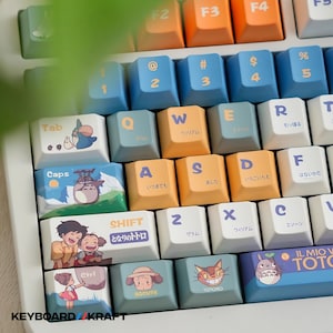 May include: A custom keyboard with keycaps featuring illustrations from the animated film "My Neighbor Totoro." The keycaps are in various colors, including blue, orange, and white, with Japanese text and English letters. The brand "KEYBOARD KRAFT" is visible.