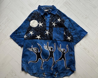 Vintage 90s Skyebatiks Batik Shirt: Celestial Art, All-Over Print XL