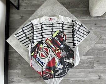 Vintage 90s rare Lucky Strike distressed Suzuki Racing tee AOP moto Japan hype