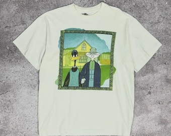 Vintage 90s Bugs Bunny Looney Tunes American Gothic Grant woods art tee Acme USA