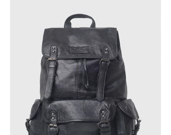 Black Travel Rucksack | Mens Black Leather Backpack