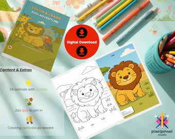 以下が含まれることがあります： 「Color & Learn Zoo-Adventure」の本と塗り絵ページを備えた子供向けアクティビティセット。セットには、デジタルダウンロードアイコン、色鉛筆、鉛筆立てが含まれています。本の表紙には、ライオン、キリン、オウムが描かれています。