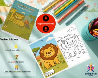 May include: A children's coloring book titled "Colour & Learn Zoo-Adventure" with a lion illustration, alongside colored pencils and a teal pencil holder. The book includes a lion coloring page and a digital download icon.